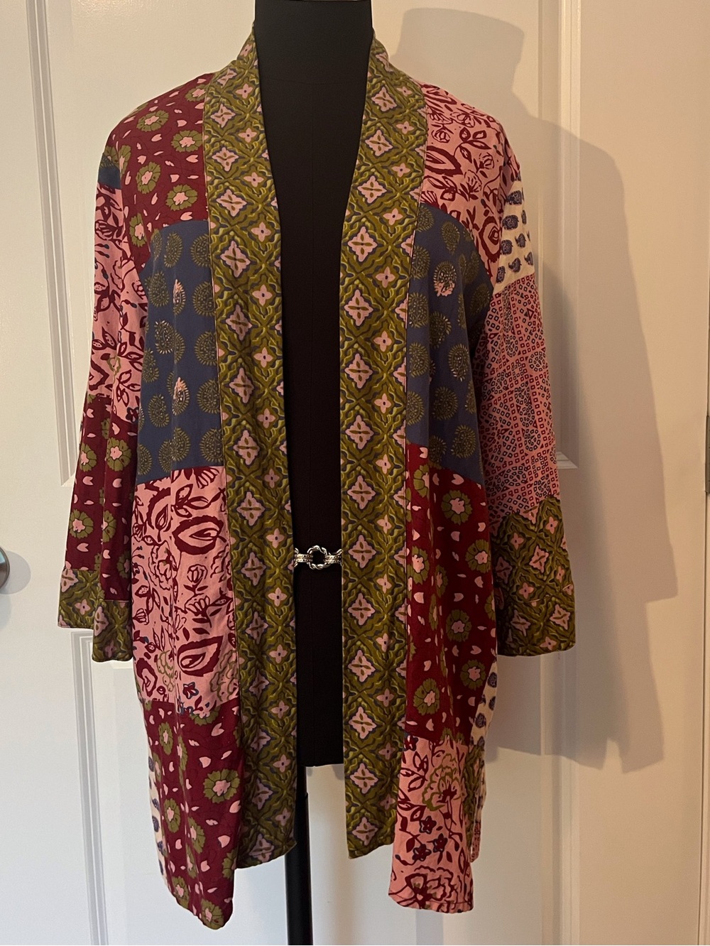 Chadwicks Patchwork Open-Front Cardigan in Pink, Burgundy & Olive